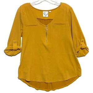 Janet Chung Mustard Yellow Blouse Top L Roll Tab Zip Neck Career Flowy Boho Fall